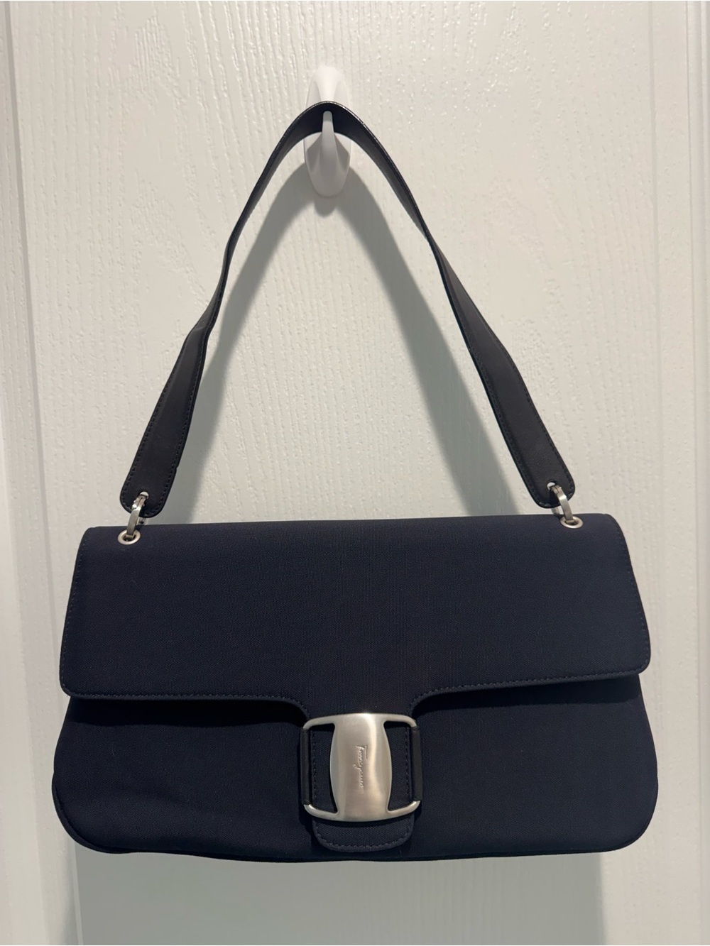 Salvatore Ferragamo Black Shoulder Bag with Silver Buckle